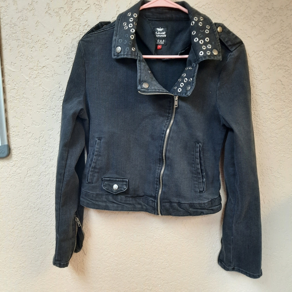 Almost Famous Dark Gray Denim Jacket with With Asymetric Zipper Closure